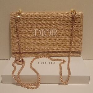 Dior Gold Straw Raffia Woven Cosmetic Zipper Bag Pouch with Chain Strap